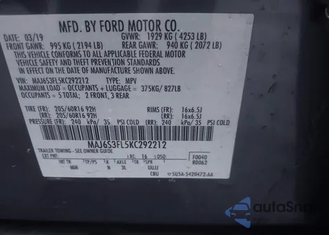 2019 Ford Ecosport S from USA, damaged, VIN MAJ6S3FL5KC292212